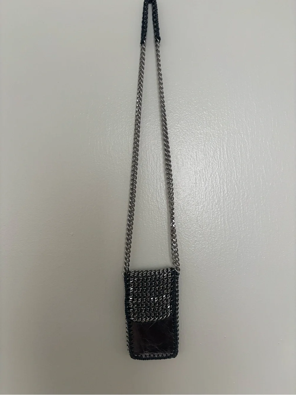 Chain-Trim Metallic Crochet Phone Bag